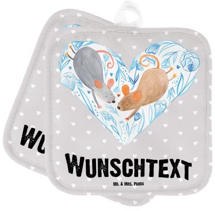 Mr. & Mrs. Panda Topflappen Personalisiert Mäuse Herz - Personalisierte Geschenke, Hocheitstag, mit Namen, Liebe, für Immer, Lieblingsmensch, Maus, selbst gestalten, Topfhandschuhe, glücklich
