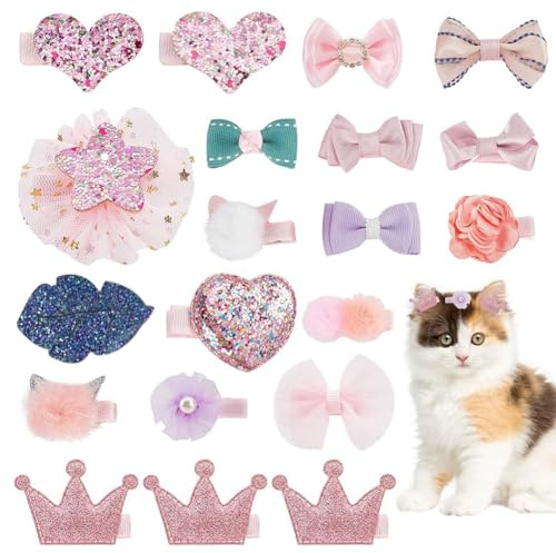 WEBEEDY 20 unids estilos mixtos pequeño perro rosa pinzas para el pelo gato cachorro mascotas pelo arcos pelo horquillas corona horquilla fiesta cumpleaños accesorio para el pelo