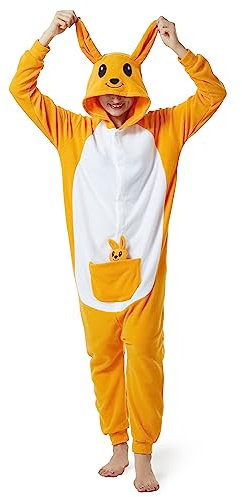 RANSUU Relaxo Kostüm Onesie Känguru Jumpsuit Tier Relax Kostuem Damen Pyjama Fasching Halloween Schlafanzug Cosplay Erwachsene Karneval Einteiler, Gelb, M