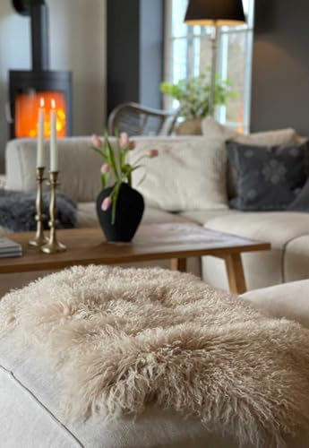 Hollert Lammfell Tibet Beige Mongolisches Schaffell gelockt sehr weich Echtfell Dekoration Läufer Teppich Stuhlauflage Größe 90-100 cm