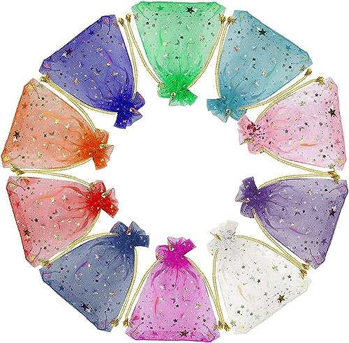 Byffoer 100 Stück Organzasäckchen, Organza Geschenkbeutel Bunt Organza Beutel Geschenkbeutel mit Kordelzug Bunt Schmuckbeutel für Süßigkeiten, Hochzeit, Weihnachten