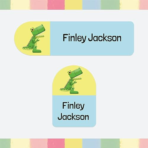 100 x Personalised Stick-On Waterproof Name Labels Pack of 2 Sizes for Clothes, Water Bottles, School Uniform, Equipment - Robot Dinosaur (SFP)