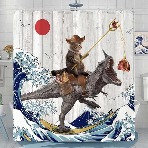 Fowocu Rideau de douche de 198 cm de long en tissu imperméable avec motif chat amusant et vagues de l'océan japonais pour salle de bains, enfants – Rideau de douche rustique en bois rustique (183 x