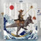 Fowocu Rideau de douche de 198 cm de long en tissu imperméable avec motif chat amusant et vagues de l'océan japonais pour salle de bains, enfants – Rideau de douche rustique en bois rustique (183 x