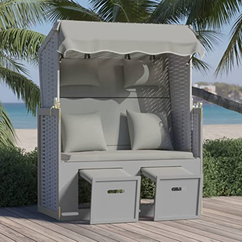 BaraSh Strandkorb Beach Chair mit Kissen Poly Rattan und Massivholz Grau StrandköRbe Hommdiy