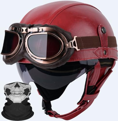 Deutschen Stil Leder Halbschalenhelm Retro Motorrad Halbhelm mit Brille ECE Genehmigt Erwachsene Halbschale Jet-Helm Scooter-Helm für Cruiser Scooter