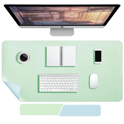 Schreibtischunterlage - 100 x 40 cm Doppelseitig PU-Leder-Schreibtischmatte, Mauspad Groß, Tischunterlage Schreibtisch, Desk Mat, Wasserdichte Antifouling, für Büro und Zuhause (Hellblau+Hellgrün)
