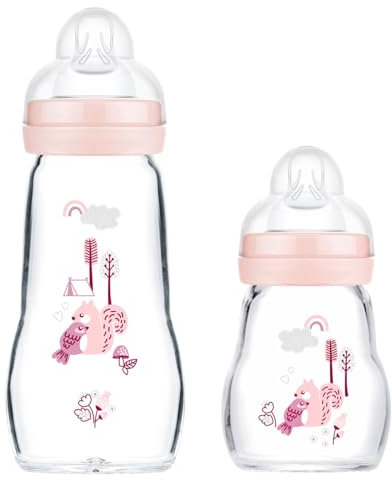 MAM Baby Biberons en Verre Lot de 2 Feel Good dès la Naissance 170 ml & 260 ml, Biberon en Verre, Rose