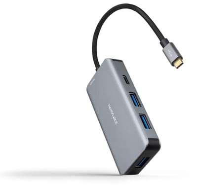NANOCABLE 10.16.1005 – 5-in-1-Konverter-Hub, USB-C 3.2 GEN1 5G-Stecker auf 3 USB-A 3.0-Anschlüsse + 1 USB-C-Anschluss + 1 USB-C PD-Anschluss 100 W, Aluminium, 15 cm, Grau