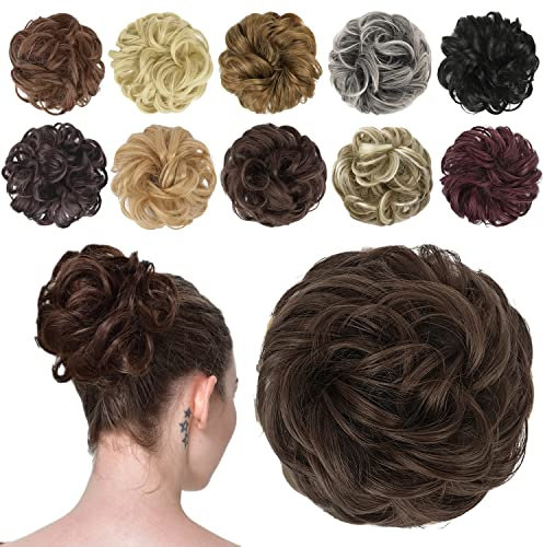 FESHFEN Chignon Postiche Cheveux Extensions Bouclés Ondulés Naturel Synthétique Chouchou Postiche de Cheval Faux Chignon Elastique pour Femme, 42g Chatain moyen