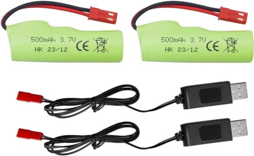 2PCS 3.7V 500mAh Li ion Battery with USB Charging Cable Suitable for Huina 1337 1338 1516 1517 Remote Control Engineering Vehicle RC Remote Control Toy Car Battery