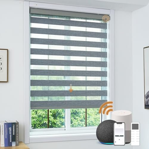 JOYENG Motorized Zebra Blinds,Dual Layer Shades with Privacy Light Control, Smart with Alexa Google,Electric Horizontal Blind,Rechargeable Remote Shade for Windows,Customized Size(Luxury Grey)