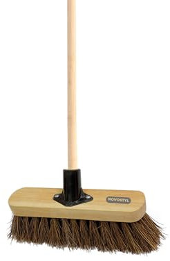 10” STIFF Broom Indoor with Wooden Handle Natural Bassine Bristles Sweeping Brush Durable Support Bracket Cleaning Any Surface Wooden Floor Decking Paving Slabs (1, [Stiff Natural Bassine Bristles])
