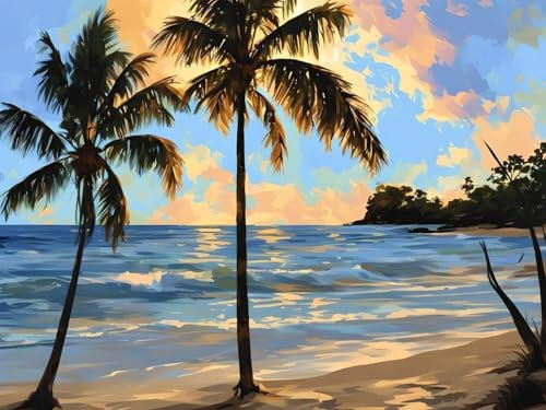 Beach Coconut Tree -Malen nach Zahlen für Erwachsene, DIY digitales Ölgemälde Set auf Leinwand mit Pinseln und Acrylpigment, Geschenkideen Artwork für Heimdekoration, 45x60cm (ohne Rahmen) H-681
