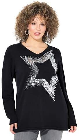 Ulla Popken Damen Pullover, Pailletten-Stern, V-Ausschnitt, Langarm, Schwarz, 50-52 EU