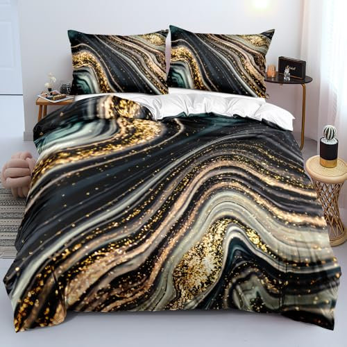 Luowei Marmor Muster Bettwäsche 135x200 cm Gold Braun Bettwäsche Set Microfaser Luxus Modern Bettbezug und Kissenbezüge 80×80cm mit Reißverschluss