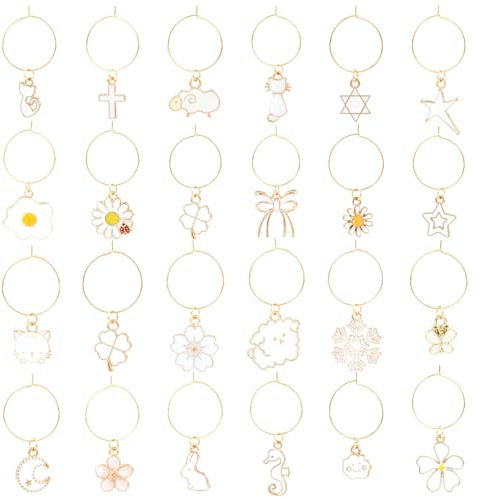 SUNNYCLUE 24Pcs Wine Glass Charms Wine Glasses Markers Charm Bulk Gold Metal Alloy Flower Animal Star Moon Snowflake Identifier Drink Rings Tags Charms for Summer Christmas Party Wine Decorations