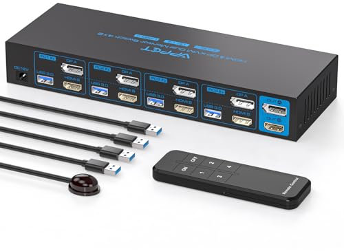 AILVLVNG HDMI Displayport 2 Monitore 4 Computer KVM-Switch 4K@60Hz mit 4 USB3.0-Anschlüssen zum Anschluss von Maus, Tastatur, Drucker und U-Disk, Unterstützt den Kopier/Erweiterten Modus