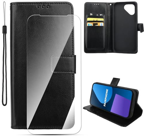 Houjunor Hülle Leder für Fairphone 5, Handyhülle Flip-Lederhülle mit Magnetverschluss Stoßfest Kartenfächern und Standfunktion für Fairphone 5 (Schwarz), mit 1 Stück HD Tempered Glas Schutzfolie