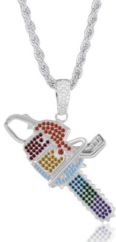 ICEDIAMOND 18K Iced Out 6-Rainbow Chainsaw Pendant Necklace, Gold Plated Shine CZ Diamond LGBTQ Pride Charm, Hip Hop Jewelry for Men & Women (White)