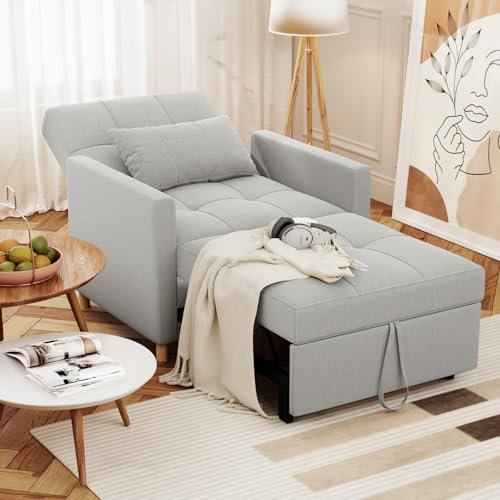 UNIONLINE Single Sofa Chair 175cm Grey, Sleeper Chair Bed Pull Out Convertible, 3-in-1 Adjustable Sleep Armchair with Side Pocket for Small Room/Living Room/Apartment