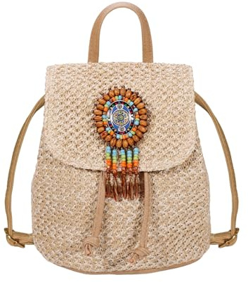 HuiYSatr Sac à dos de Paille à la Mode pour Femmes Sac à Bandoulière avec Cordon de serrage Sacs de Plage Bohème Sac à Bandoulière Tressé Daypack, Kaki