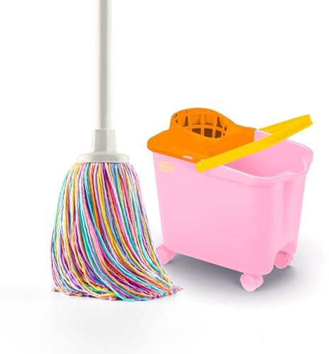 Happy Rainbow - Fregona con Cubo Escurridor de 14L y Ruedas Giratorias Set de Limpieza Sostenible con Microfibra Reciclada Ideal para Hogar y Suelos