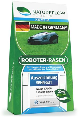 Mähroboter Rasensamen schnellkeimend 20kg TEST SEHR GUT - Roboter Grassamen Made in Germany - Für pflegeleichten Garten mit Natureflow Rasensaat