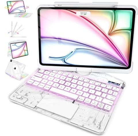 MAYDORHER for iPad Air 13 Inch Case Keyboard (Air M3/M2), 360 Rotating for iPad Pro 12.9 Magic Keyboard (Pro 6/5/4/3), Cyberpunk High-tech with Pressure Reduction Sound Effect, Transparent White