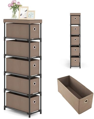 KOMFOTTEU Kommode mit 5 Stoffschubladen, Schubladenschrank mit Metallrahmen, schmaler Aufbewahrungsschrank mit Kippschutz, für Schlafzimmer, Wohnzimmer, Büro, 58 x 29 x 84 cm (Braun)
