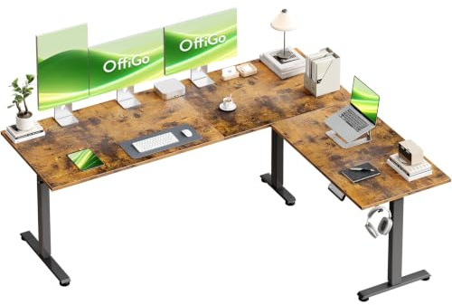 OffiGo Elektrisc Höhenverstellbarer Eckschreibtisch 180 x 140 cm, Braun | L-förmiger Schreibtisch Höhenverstellbarer mit Haken, 78-120 cm Höhenverstellbar, Computertisch für Home Office
