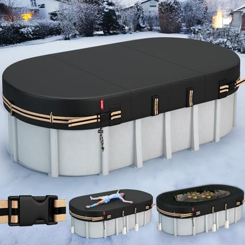 QH.HOME Ovale Winter-Poolabdeckung für 3,6 x 7,6 m Stahlwand-Pool, [ausgezeichnet winddicht] mit verstellbaren Schnallenriemen und Gewichttrageringen, kälte- und UV-beständig