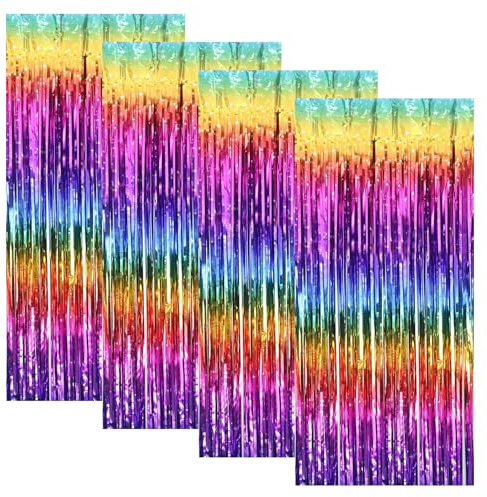 4 Stück Lametta Vorhang Bunt, Regenbogen Glitzer Vorhang Geburtstag, 2m Irisierende Glitzervorhang Lametta zur Foto Hintergrund Wand, Party Vorhänge Deko, Weihnachten, Abschlussball, Geburtstagsparty