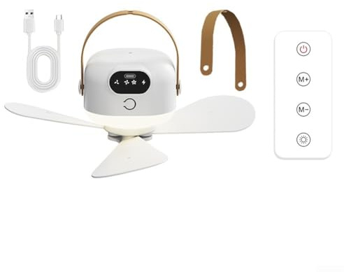 HpLive Mini ventilador de techo portátil con carga USB y mando a distancia para dormitorio, camping con luz nocturna LED (carga)