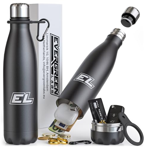 Evergreen Labs Water Bottle with Secret Compartment, Black | Stainless Steel Thermos, 12 inches, Large Hideaway 2.75x2.75 inches, For Money, Keys & Jewelry