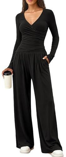 Sukiglam Womens 2 Piece Outfit V Neck Long Sleeve Tracksuit Full Set Casual Lounge Wear Sets Slim Fit Wrap Tops and Elastic Waist Wide Leg Trousers Co Ord set For Yoga Gym Pajama Set Airport Outfits