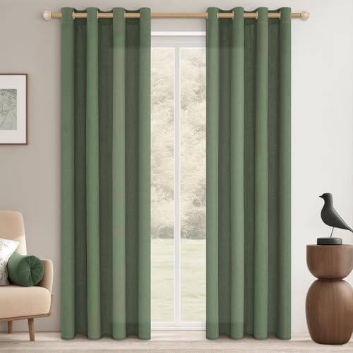 MRTREES Vorhang Leinenoptik Oliv-grün Lichtdurchlässig Gardinen Schals 2 Set mit Ösen für Wohnzimmer, 200 cm Lang, 140 cm Breit, Leinen Vorhänge Kinderzimmer Junge Curtains Living Room