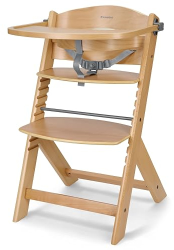KikkaBoo NORDY Holz-Hochstuhl für Babys, Verstellbarer Kinderstuhl bis 35 kg, Buchenholz, Abnehmbares Tablett, Verstellbare Sitz- & Fußstütze, Sicherheitsbügel, 3-Punkt-Gurt, Ergonomisches, Holz