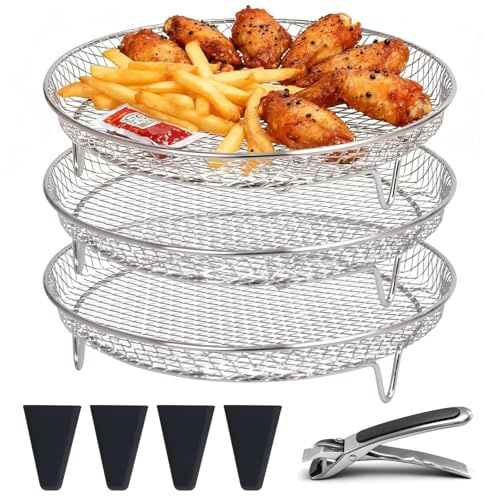 txuzong Airfryer Accessoires 3 pièces paniers en acier inoxydable – Racks empilables avec pieds en silicone et protection anti-brûlure – Accessoire pratique pour friteuse à air chaud pour Philips