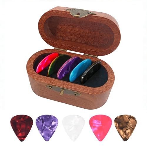FuYelng 12 Stück Hochwertige Plektrum mit Nussbaum Plektrum Halter | 0.46 mm/0.71 mm/0.96 mm Plektren Gitarre Gitarrenplektrum Box Retro Plektron, für Ukulele Akustikgitarre Gitarren Zubehö