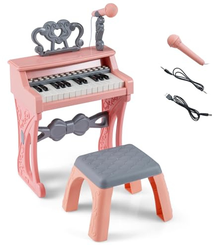 COSTWAY 25-Tasten Kinder Keyboard, Kinderklavier elektronisch mit Hocker, Mikrofon & Notenständer, tragbares Musikinstrument, Kinderpiano Klaviertastatur für Kinder ab 3 Jahren, Rosa