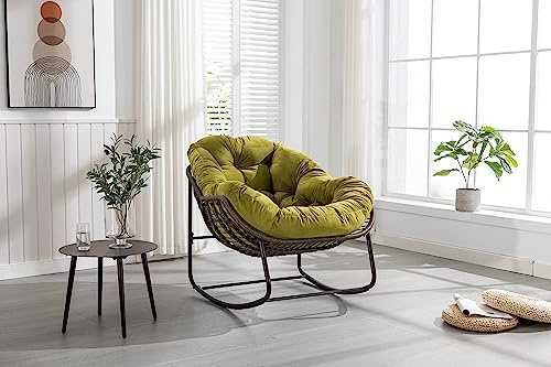 Zenithz XXL Rattan Schaukelstuhl Outdoor Olivgrün - Extra Breiter (111 cm) Wicker Egg Chair Sessel mit Kissen - Wetterfester Lounge Relaxsessel für Garten, Terrasse & Balkon - Stahlrahmen, Grün