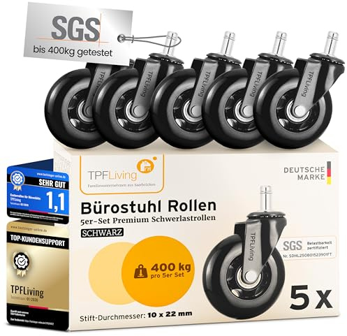 TPFLiving Bürostuhl Rollen Ersatzrollen für Parkett, Teppich, Hartboden 10x22 mm kompatibel mit IKEA schwarz – höchste Belastung bis 400kg – Invictus ProGlide 5er-Set Bürostuhlrollen
