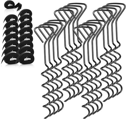 COM-FOUR® kit de 32 ancrages de Sol avec Sangles, Fixation pour Tente | pavillon et auvent - ancres de terre et vis acier pour bâches et équipement extérieur