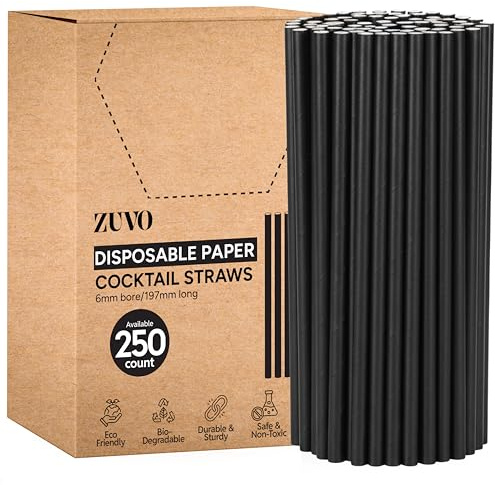 Zuvo Black Paper Straws 250 Pack, Disposable Drinking Straw, 20cm x 6mm | Food-grade paper, biodegradable, plastic-free alternative, for parties, catering, crafts, bars, cafes and weddings
