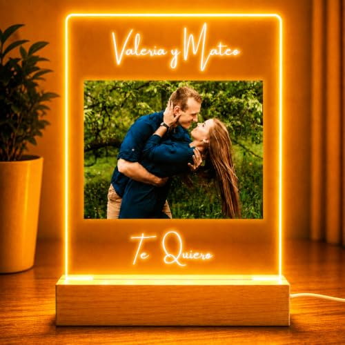 Lampara Personalizada con Foto, Regalos Personalizados para Hombre y Mujer, Placa Metacrilato Luz LED y Base Madera USB, Cuadro Personalizado con Foto, regalo Cumpleaños, Navidad, Boda, Aniversario