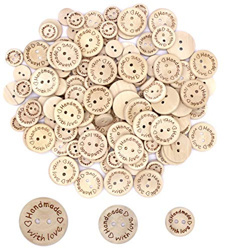 Disino 120 Stück Knöpfe Kinder “Handmade with Love” Holz Runde Form Knöpfe zum Basteln und Nähen Dekorationen 15mm+20mm+25mm