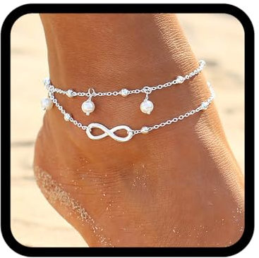 Zoestar Doppel-Fußkettchen im Boho-Stil mit silberfarbenen Perlen, Fußkettchen für Damen und Mädchen