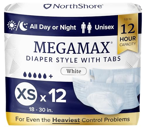 NorthShore MegaMax - Pannolini per adulti per la notte, 12 ore, con linguetta, taglia XS, borsa da 12 pezzi, bianco, 45,7-76,2 cm, biancheria intima unisex per incontinenza