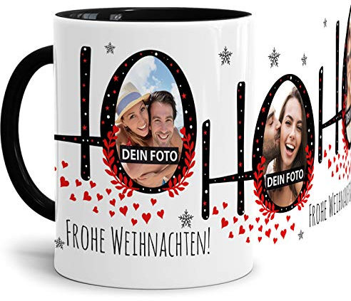 Tassendruck Weihnachts-Tasse HO HO HO zum SELBSTGESTALTEN mit Foto-Collage für 3 WUNSCHFOTOS - Persönliches Geschenk für Freunde und Familie - Innen & Henkel Schwarz